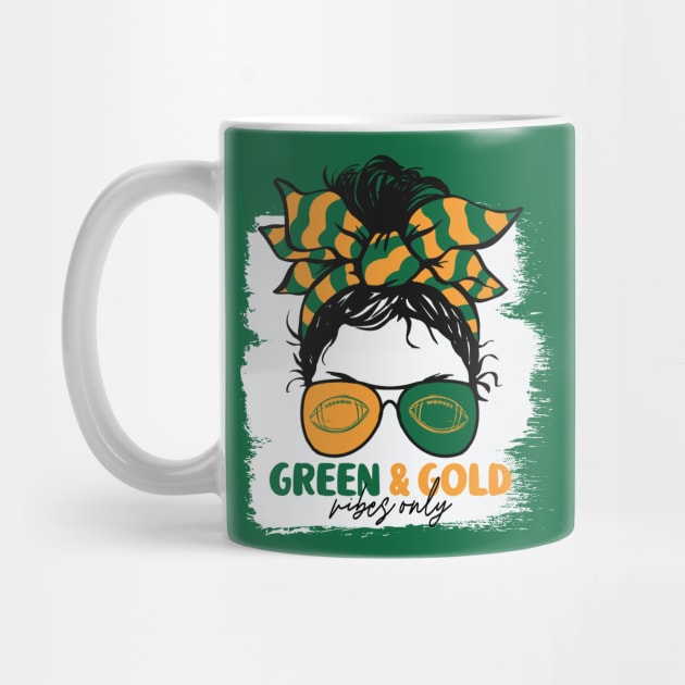 Green and Gold Vibes Only Football Mom Messy Hair Gameday by SLAG_Creative